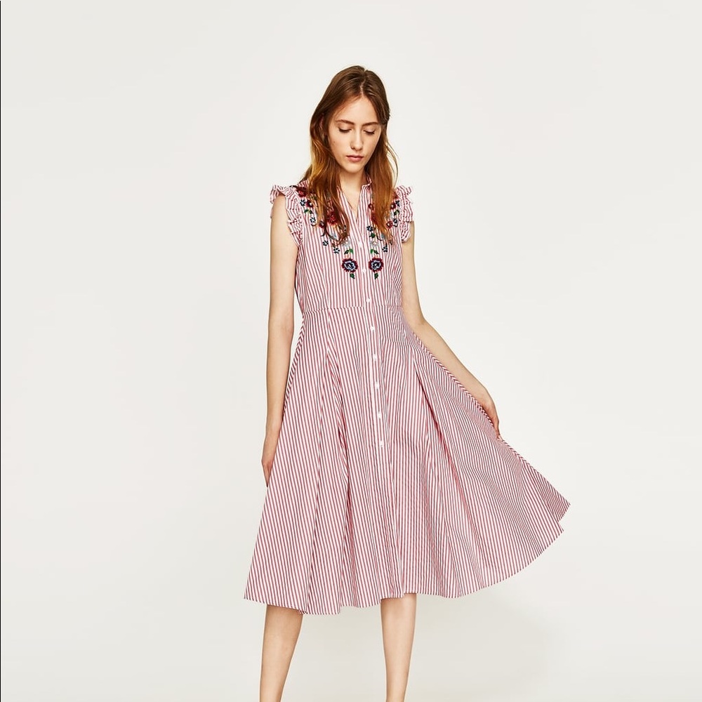 NWT Zara Striped Floral Embroidered Shirt Dress - Picture 2 of 5
